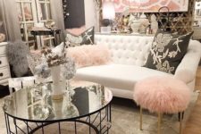 05 dark grey, creamy shades and pink touches make up a cool glam space