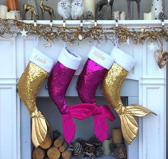 gold and purple sequin mermaid tail stockings for Christmas will excite your daughters