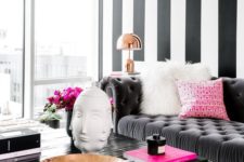 06 black and white is a timeless combo, and to make it glam add shiny metal touches and neon pink details