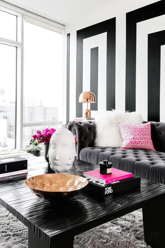 black and white is a timeless combo, and to make it glam add shiny metal touches and neon pink details