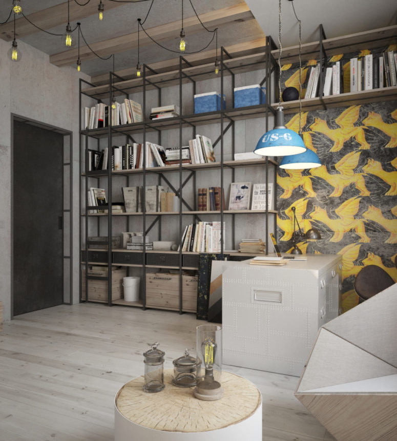The home office features industrial lamps and lots of storage shelves that take the whole wall