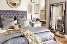 07 a neutral bedroom with lavender touches and lots of shiny mirrors to make the space glam