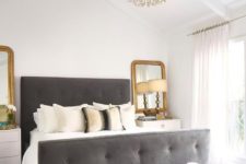 08 a creamy and grey bedroom is glammed up with brass touches