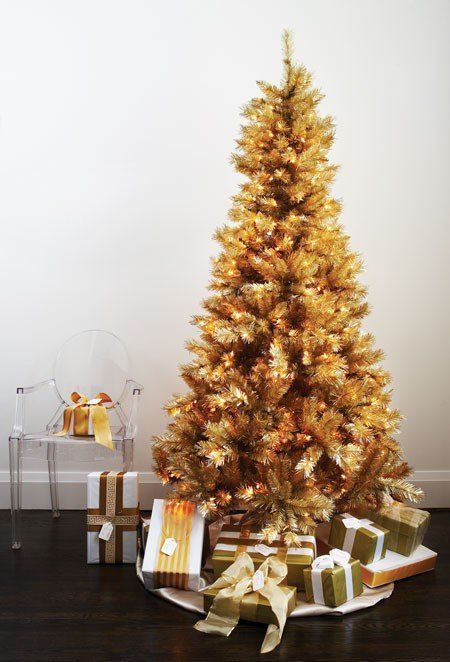 A gold pre lit Christmas tree doesn't require any ornaments or decorations as it's bold itself