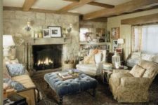 09 a neutral vintage space centered around a fireplace in a stone wall