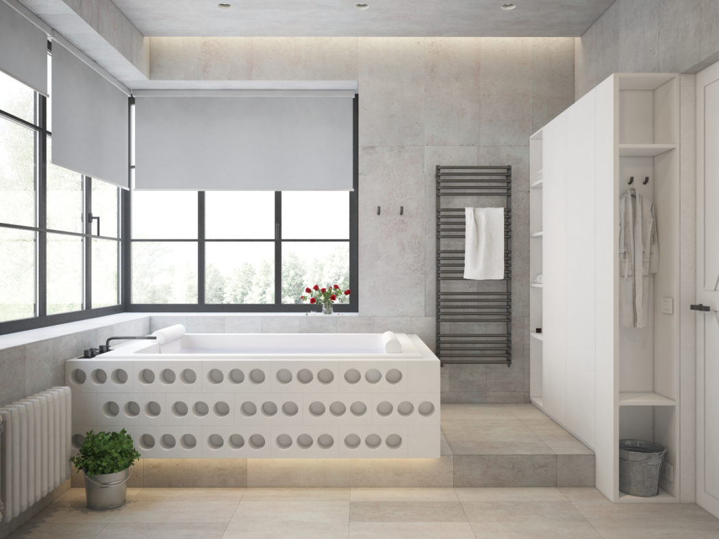 The bathtub is also interesting, and the bathroom tiles remind of concrete shades