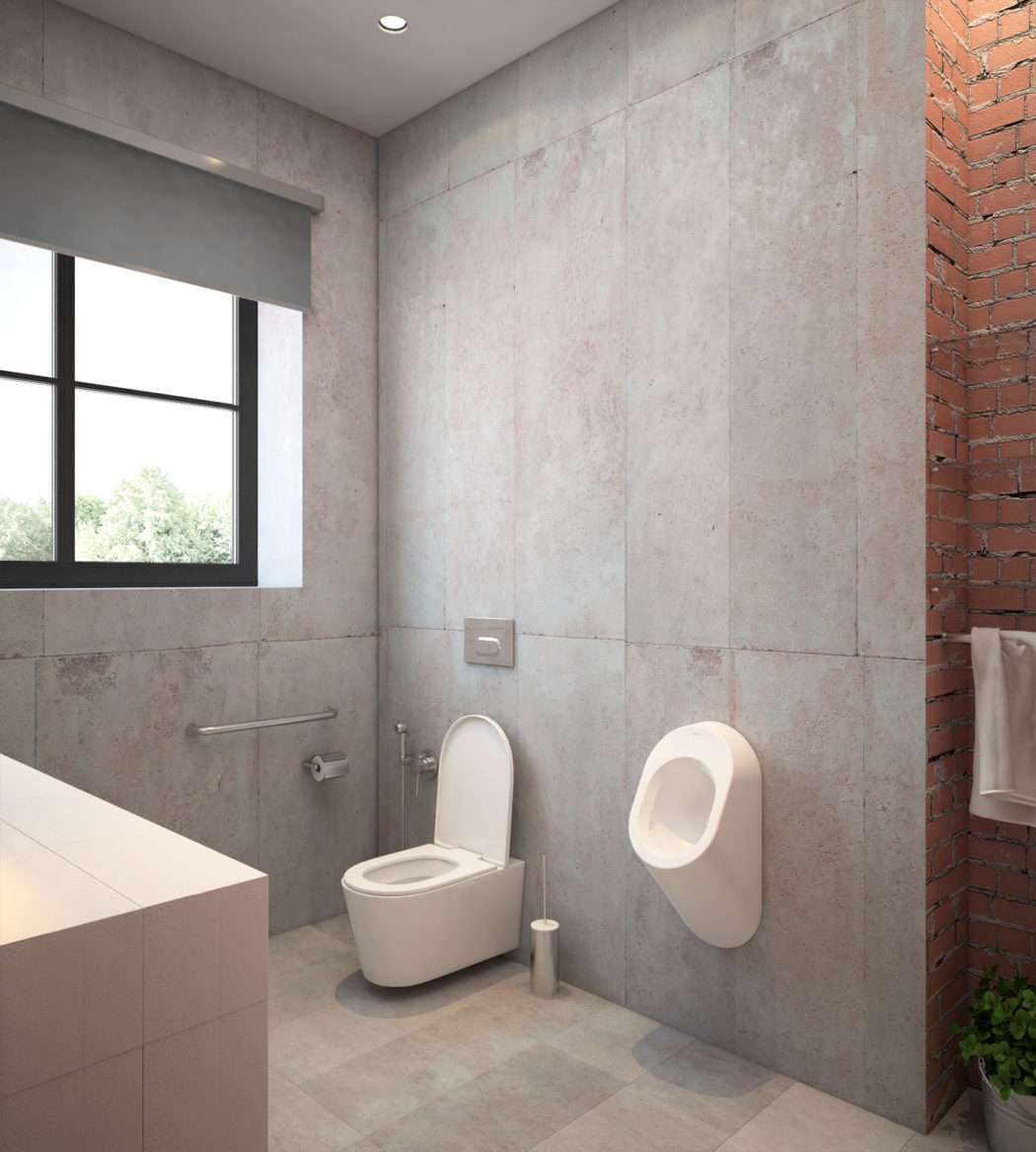 Raw concrete walls with brick ones can be seen in this part of the bathroom
