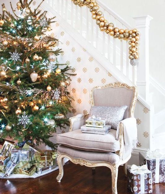 a cool gold ornament garland for decorating the staircase