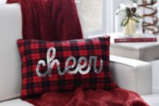 14 make a cute plaid pillow with silver sequin ‘CHEER’ for Christmas