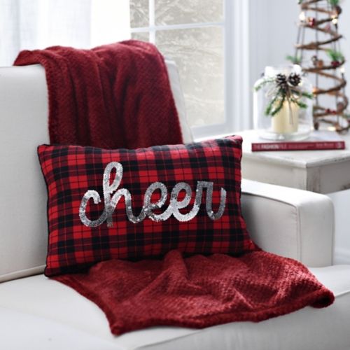 make a cute plaid pillow with silver sequin 'CHEER' for Christmas