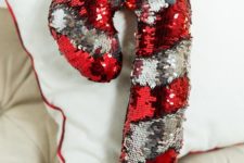 15 reverse sequin candy cane pillow in red and silver is a great idea to add a whimsy touch