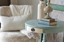 16 a light blue pedestal table with a drawer as a side table for a shabby chic space