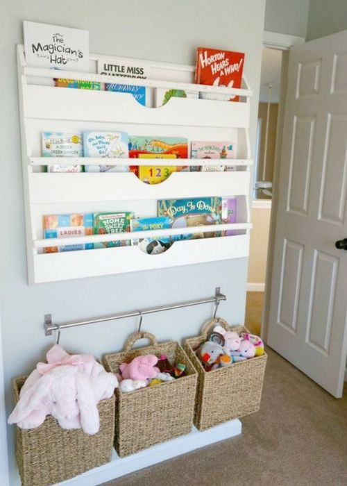 A railing to hang baskets and pockets to store toys and books