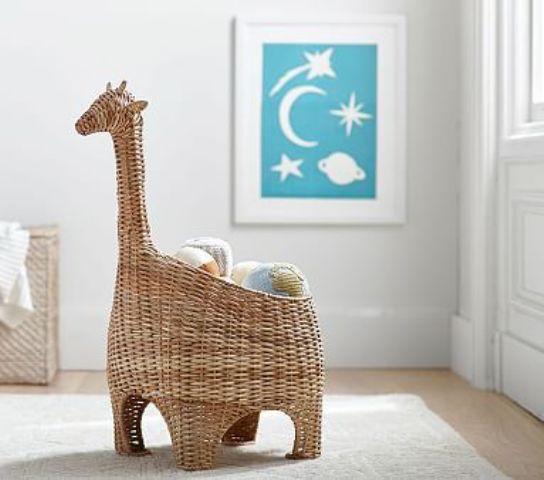 a wicker basket storage shaped as a giraffe to play with and to store things