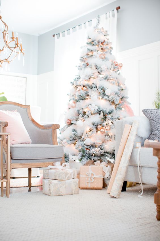 a flocked Christmas tree with copped ornaments and lights looks very chic and glam