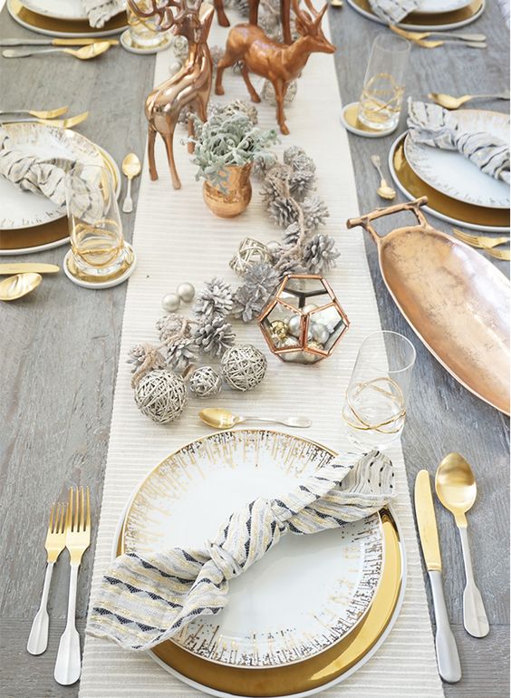 An eye catchy festive tablescape with silver, gold and copper touches looks cool and wow