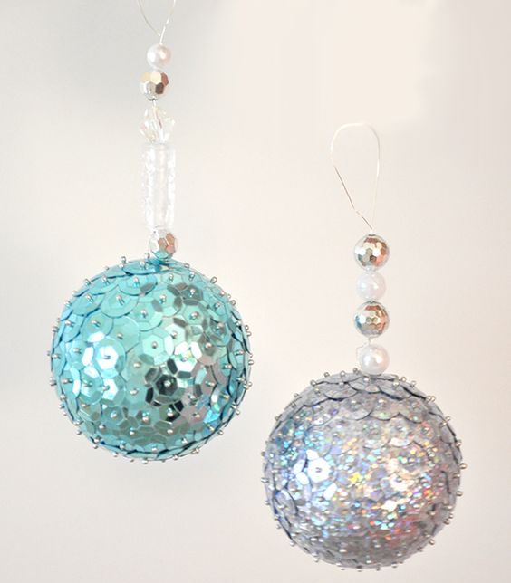 cute shiny blue and silver sequin ornaments with additional beads for Christmas