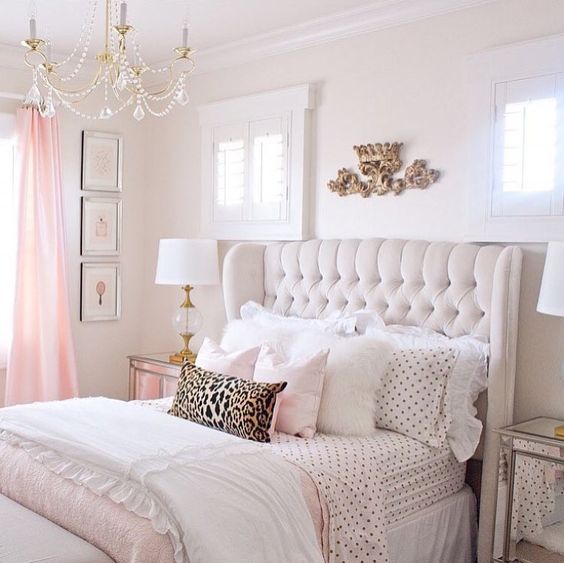 dramatic upholstered headboards and feminine bedding are gorgeous idea for a girlish bedroom