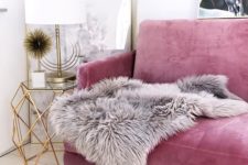 23 girlish touches are the most popular for glam style, this pink sofa is a great idea in this case