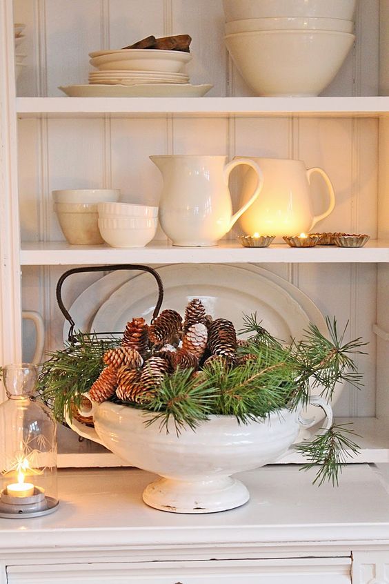 a soup bowl with evergreens and pinecones is ideal for cozy rustic decor in the kitchen