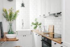 25 a tiny minialist kitchen with wooden countertops, white tiles and metal stools