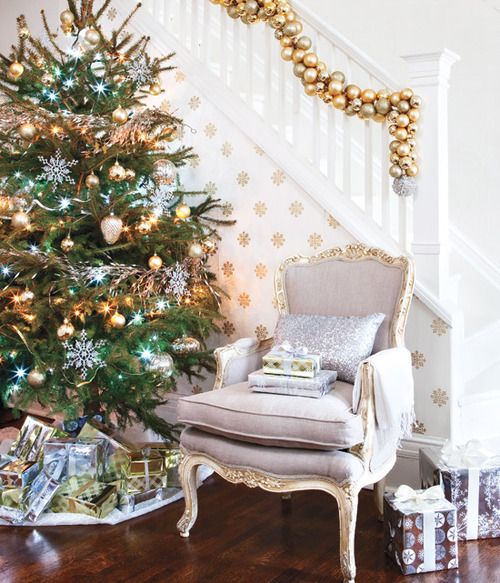 a Christmas garland of ornaments in gold, copper and silver for staircase decor