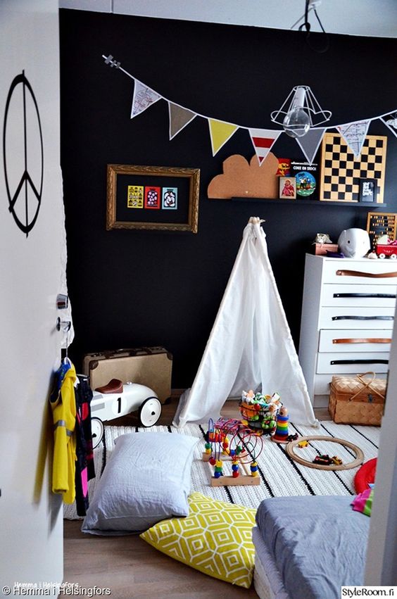Black and white space is a great idea to fill it with colorful items and furniture