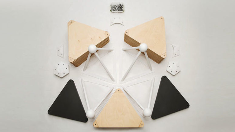 The piece is made of plywood triangles for a modern geometric look