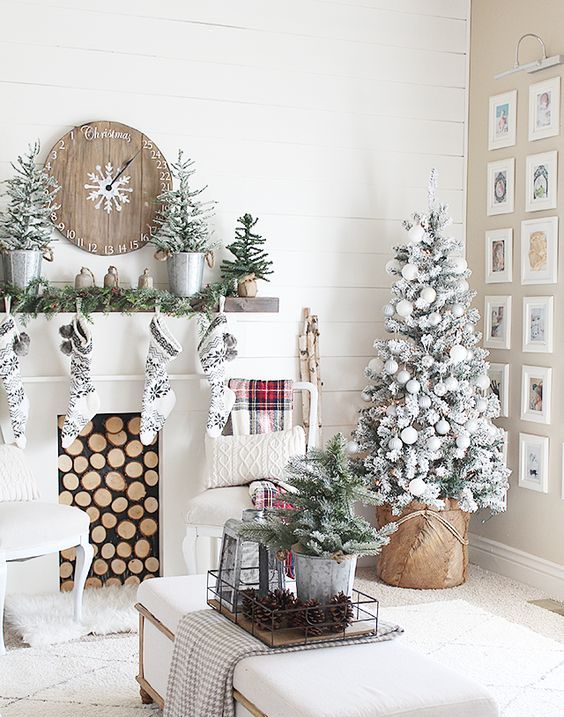 snowy trees and black and white stockings for a chic farmhouse space