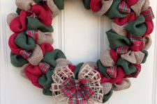 07 a traditional red, green and neutral burlap wreath with a double bow for a front door