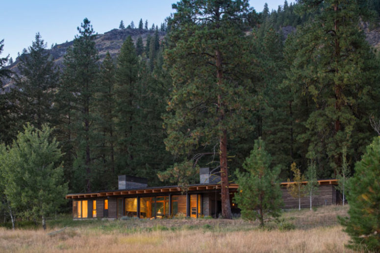 Here's how the home looks from outside, standing in the pines and merging with the forest in a beautiful way