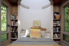 built-in bookshelves in a bedroom