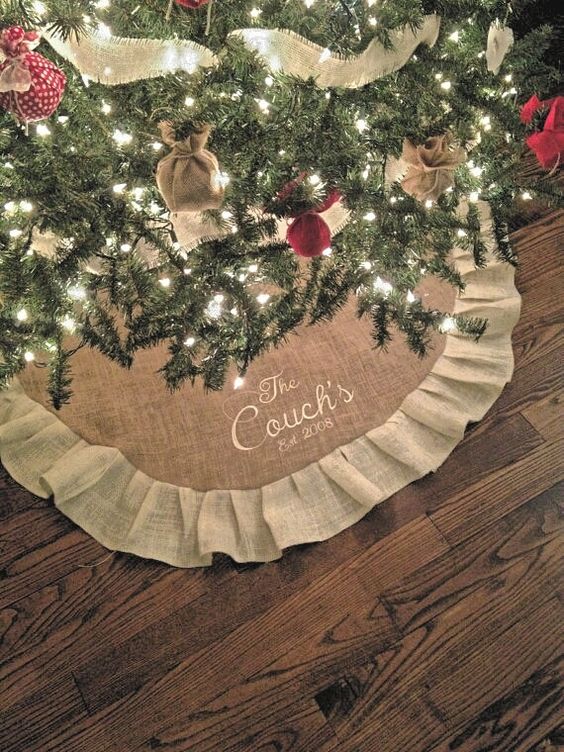 A burlap Christmas tree skirt is easy to make an is very budget friendly
