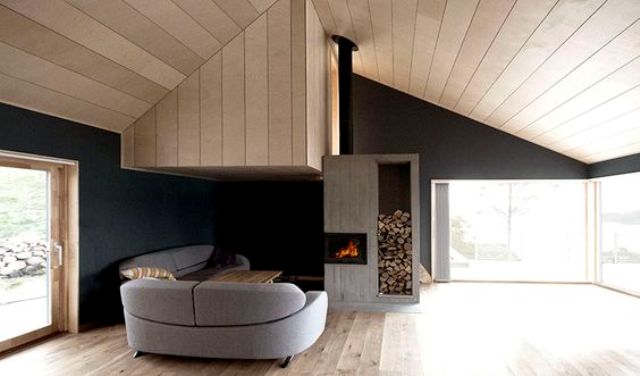 black walls, dove grey and light-colored wood are a gorgeous combo for a cabin
