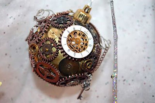 a gear covered bauble steampunk ornament for decorating a Christmas tree