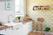 retro wallpaper accent wall on a kitchen