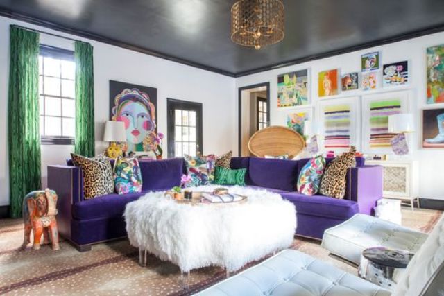 a bold violet corner sofa for an eclectic and colorful space