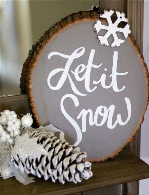 a large Let It Snow sign in grey with a snowflake is great for mantel or console decor