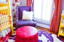 16 a violet polka dot chair in the nursery and a violet and white floral print rug