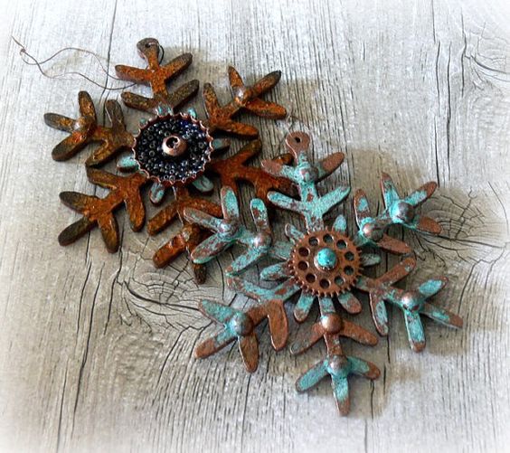 patina metal snowflakes can be used for displays, garlands and as ornaments