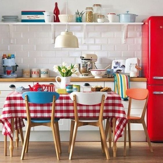 some patterned textiles will be a nice idea to add a retro feel to your kitchen without spending much money
