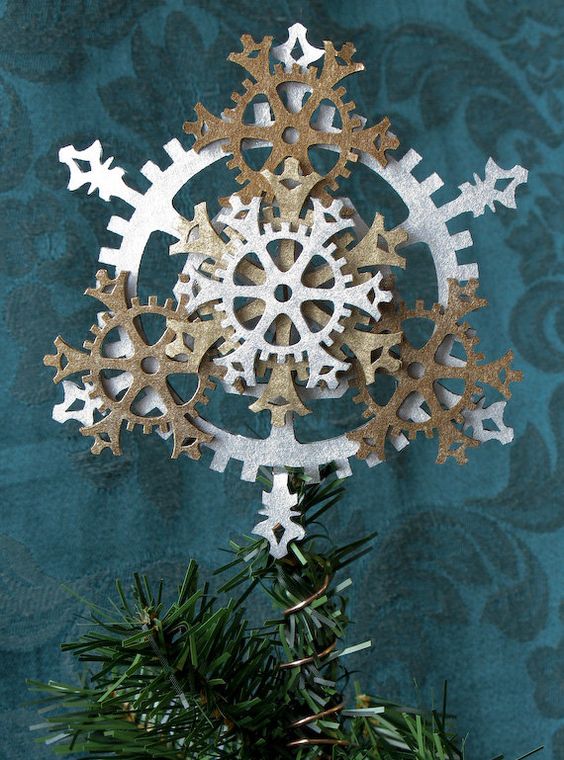 a cool felt gear snowflake tree topper is a great idea for a steampunk tree
