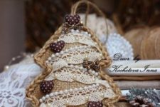 19 a vintage-inspired burlap Christmas tree ornament with lace, beads and little hearts