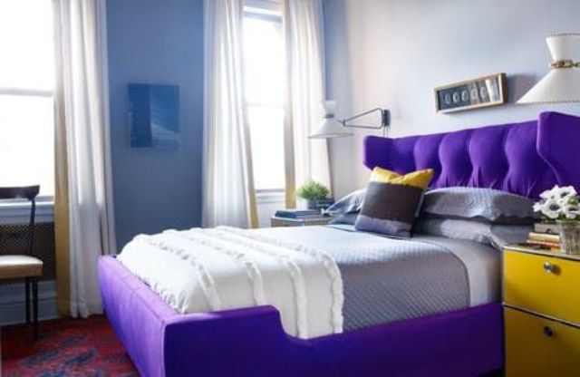 an ultra violet upholstered bed for raising the mood and for a colorful touch