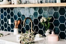 20 dark green hex tiles with white grout make a colroful statement
