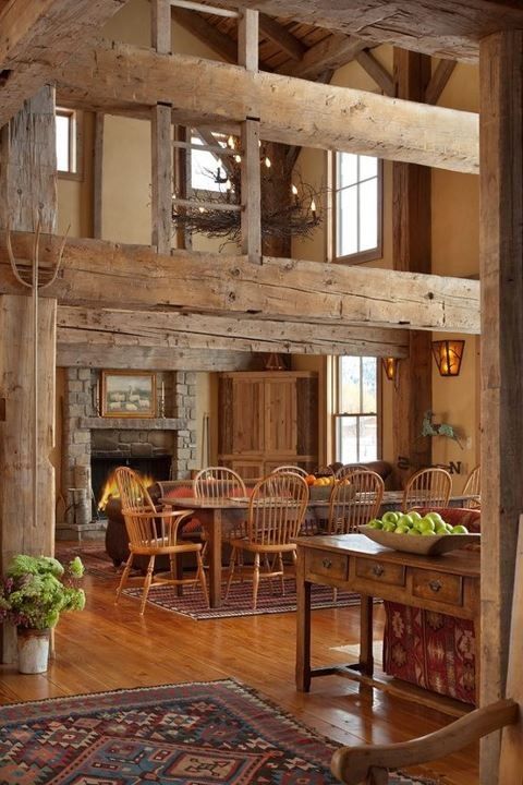 Natural wooden beams, floors and even furniture in warm shades is truly barn like