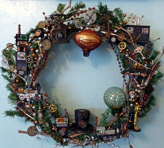 a creative steampunk wreath with gears, top hats, hot air balloons, robots and so on