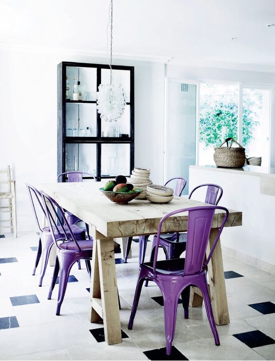ultra violet metal chairs are a bold idea instead of usual ones