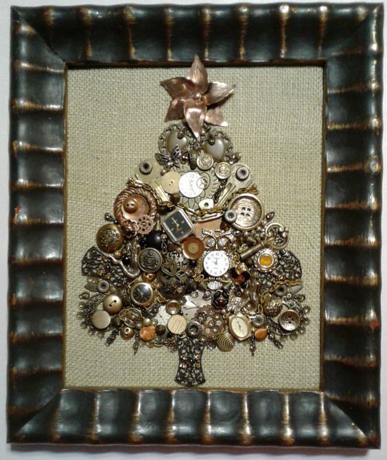 a steampunk Christmas tree artwork of keys, buttons, gears and little watches