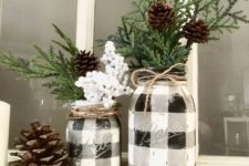 24 buffalo check vases of mason jars with evergreens and pinecones can be DIYed by you